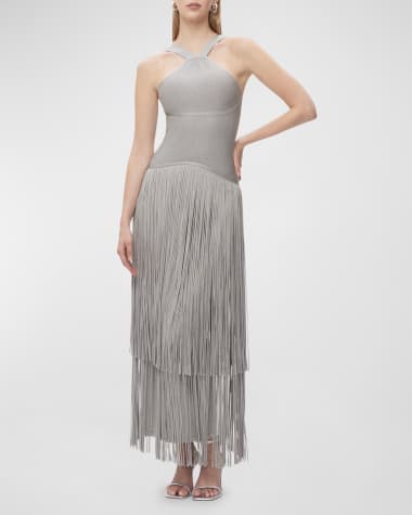 Herve Leger Kennedy Metallic Tiered Fringe Halter Gown