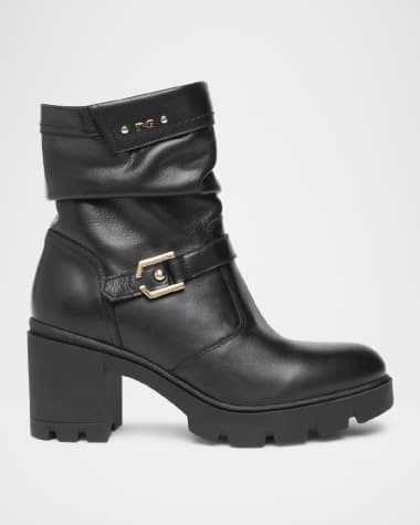 NeroGiardini Slouchy Leather Buckle Short Moto Boots
