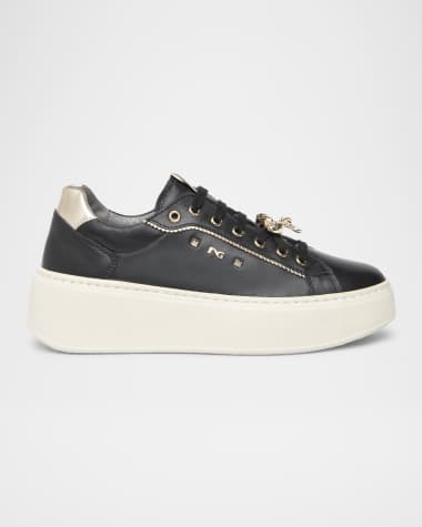 NeroGiardini Gems Mixed Leather Bow Skater Sneakers