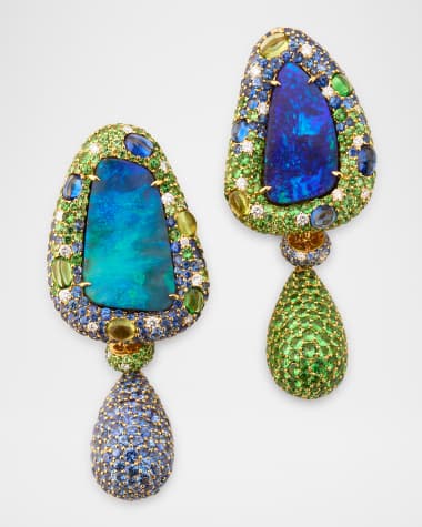 Margot McKinney Jewelry 18K Yellow Gold Boulder Opal Earrings with Blue Sapphires and Tsavorite