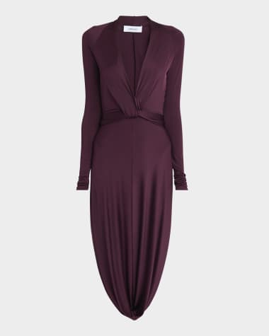 Ferragamo Plunging Draped Jersey Long-Sleeve Dress