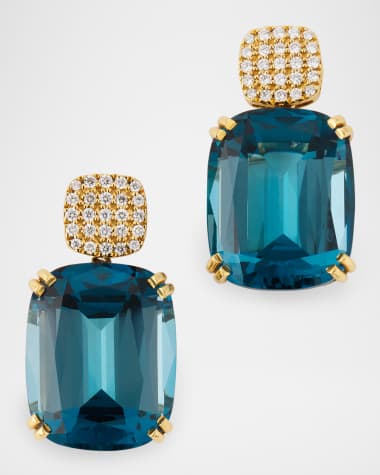 Goshwara Gossip 18K Yellow Gold London Blue Topaz Cushion Cut Earrings with Pave Diamonds