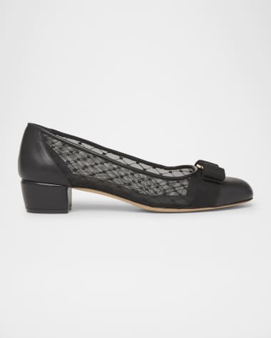Ferragamo Vara Bow Mesh Leather Pumps