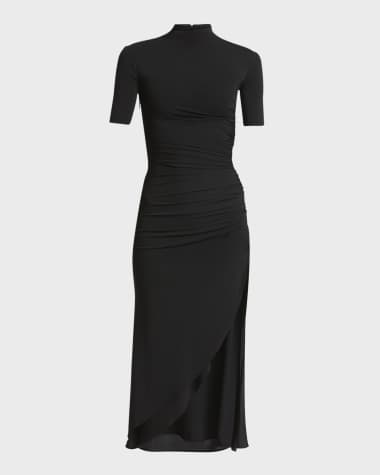 ALAIA Mock-Neck Ruched Short-Sleeve Slit Midi Dress