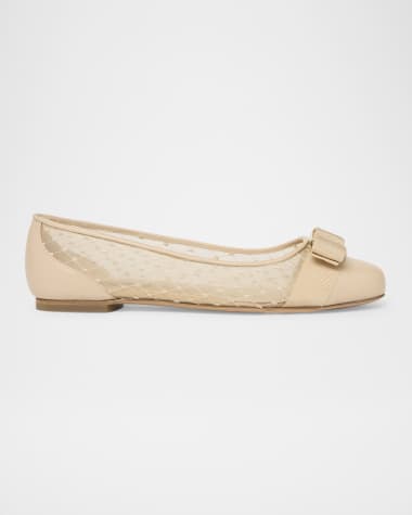 Ferragamo Varina Mesh Leather Bow Ballerina Flats