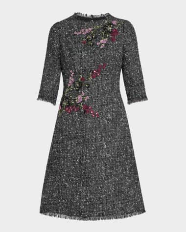 Rickie Freeman for Teri Jon Fringe-Trim Floral Applique Tweed Dress