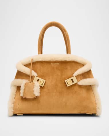 Ferragamo Hug Sheep Fur and Suede Top-Handle Bag