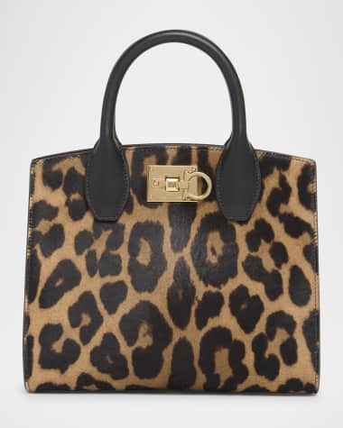 Ferragamo Studio Leopard Horse Hair Top-Handle Bag