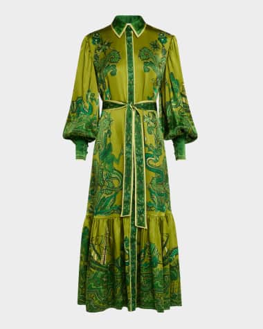 ALEMAIS Solaris Silk Twill Belted Lantern-Sleeve Maxi Shirtdress