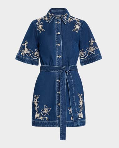 ALEMAIS Carmen Belted Floral Denim Mini Dress