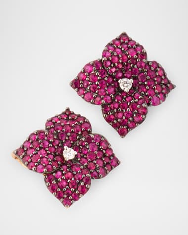 Piranesi 18K Rose Gold Deep Pink Sapphire and Diamond Flower Earrings