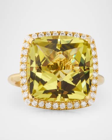 Lisa Nik Rocks 18K Yellow Gold Cushion Cut Lemon Quartz and Diamond Halo Cocktail Ring, Size 6