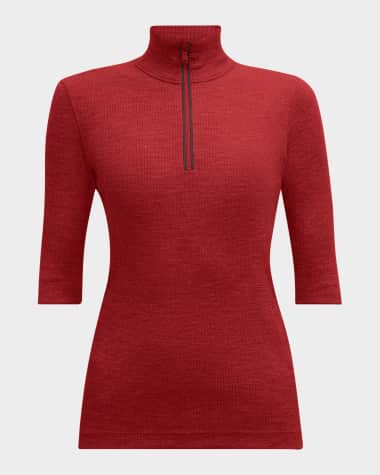 Brunello Cucinelli Ribbed Wool Jersey Monili Zip Top