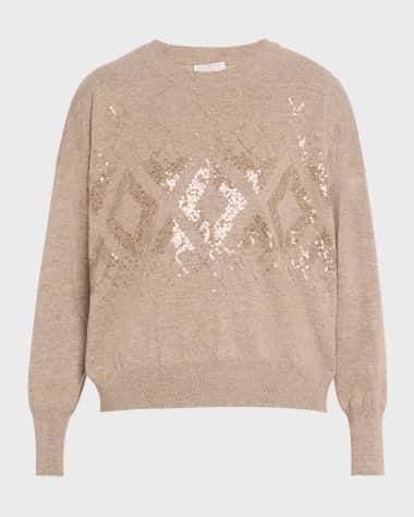 Brunello Cucinelli Two-Tone Cashmere Crewneck with Mountain Mosaic Sequins