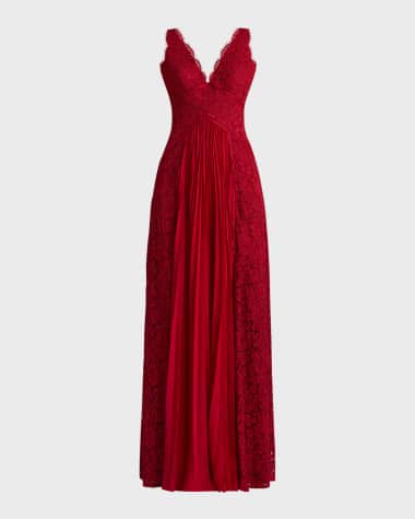 Zac Posen Floral Lace and Pleated Chiffon Gown