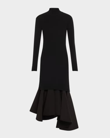 Bottega Veneta Asymmetric Mixed-Media Turtleneck Midi Dress