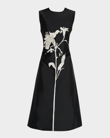 LOVEBIRDS Lavender Embroidered Floral Silk Midi Dress