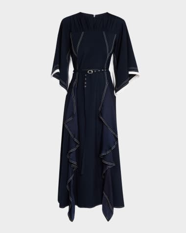 LOVEBIRDS Magnolia Ruffle Topstitched Midi Dress