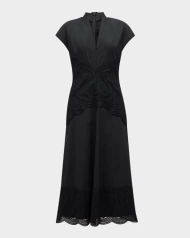 Lela Rose V-Neck Lace Embroidered Midi Dress