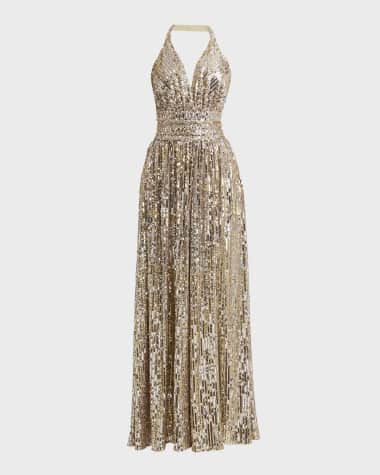 Dolce&Gabbana Sequined Halter Thigh-Slit Gown