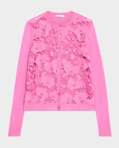 Oscar de la Renta Orchid Guipure Inset Cardigan