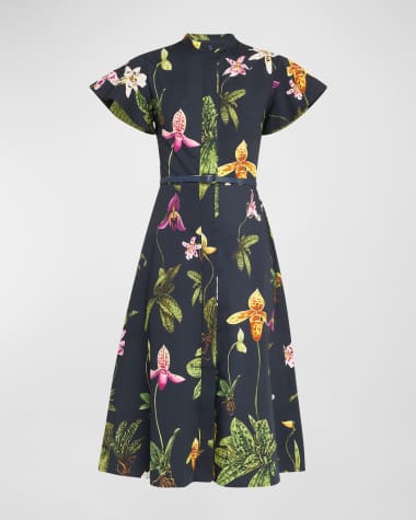 Oscar de la Renta Orchid Print Fit-Flare Midi Poplin Dress