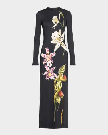 Oscar de la Renta Large Orchid Body-Con Maxi Jersey Dress