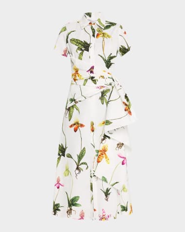 Oscar de la Renta Orchid Print Poplin Midi Dress with Sash Detail
