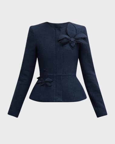 Oscar de la Renta Peplum Orchid Applique Wool Tweed Jacket
