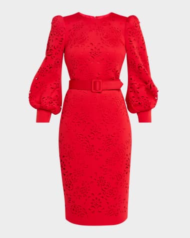 Badgley Mischka Collection Blouson-Sleeve Paisley Cutout Dress