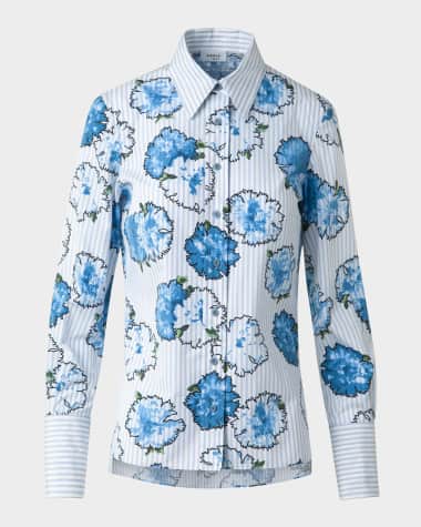 Akris punto Carnation-Print Striped Cotton Poplin Button-Down Blouse