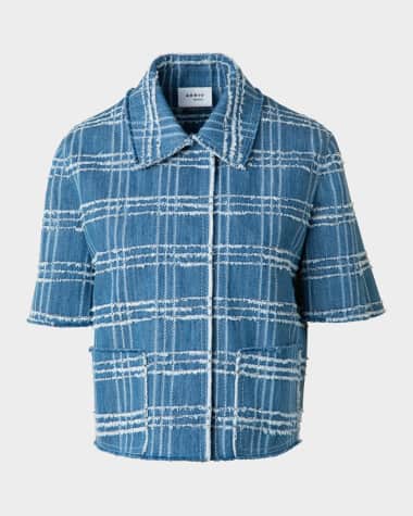 Akris punto Fringed Check Denim Short-Sleeve Shirt Jacket
