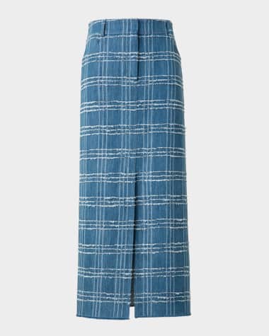 Akris punto Fringed Check Denim Midi Skirt