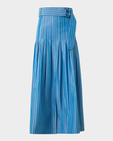 Akris punto Stripe Pleated Poplin Maxi Skirt with D-Ring Belt