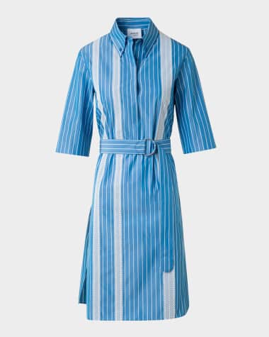 Akris punto Striped Cotton Poplin Belted Short-Sleeve Shirtdress