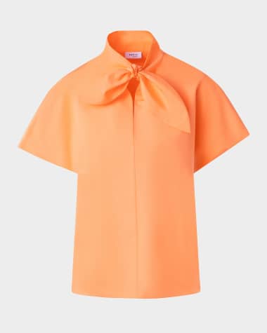 Akris punto Neck-Tie Cap-Sleeve Cotton Poplin Blouse