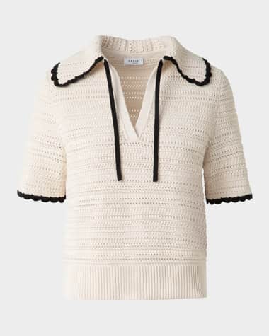 Akris punto Boxy Knit Cotton Crochet Polo Top