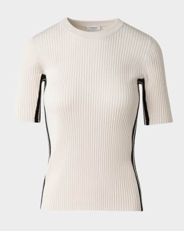 Akris punto Crochet Stripe Rib Knit Short Sleeve Sweater