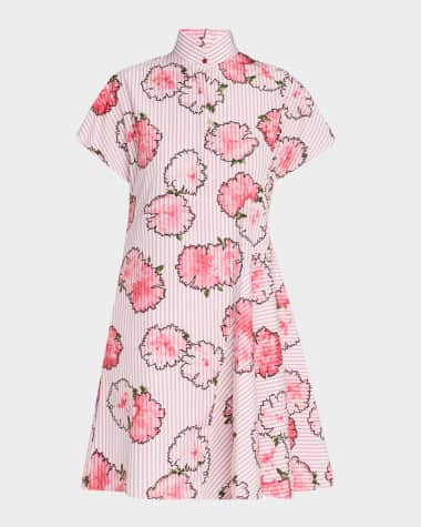 Akris punto Striped Carnation-Print Cotton Mini Shirtdress