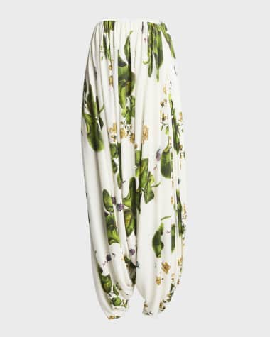 Loewe Leaf-Print Draped Wide-Leg Trousers