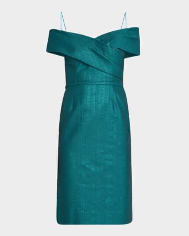 Rickie Freeman for Teri Jon Off-Shoulder Metallic Jacquard Dress