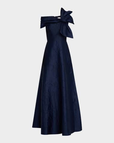 Rickie Freeman for Teri Jon Off-Shoulder Floral Jacquard Bow Gown