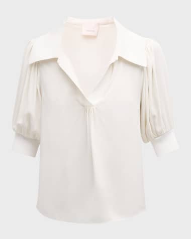 Cinq a Sept Weldon Collared V-Neck Short-Sleeve Silk Combo Top