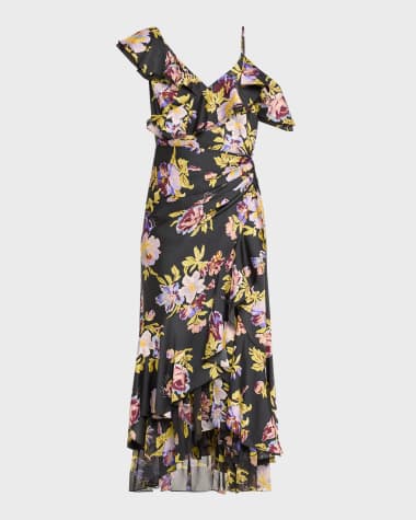 Cinq a Sept Nara One-Shoulder Ruffled Floral Midi Dress