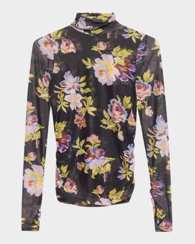 Cinq a Sept Bridgette Shirred Mesh Turtleneck Top