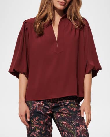 Figue Dani Lantern-Sleeve Split-Neck Top