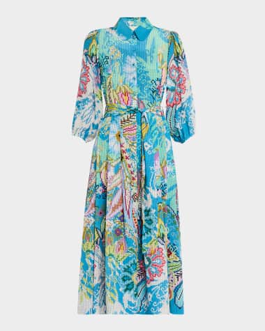 Maison Common Floral Digital-Print Puff-Sleeve Midi Shirtdress With Belt