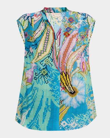 Maison Common Digital-Print V-Neck Cap-Sleeve Silk Blouse