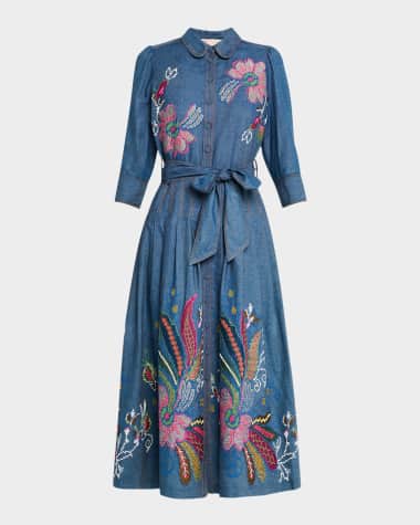 Maison Common Floral Embroidered Belted Chambray Midi Shirtdress