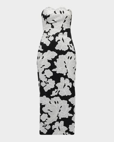 Lela Rose Natasha Strapless Floral-Embroidered Midi Dress
